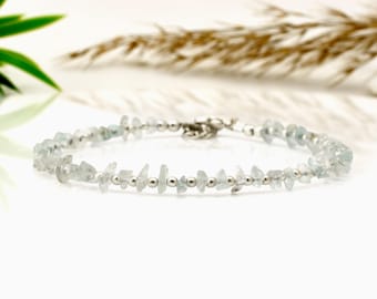 Pulsera de cuentas de aguamarina cruda, plata de ley, piedra natal de marzo