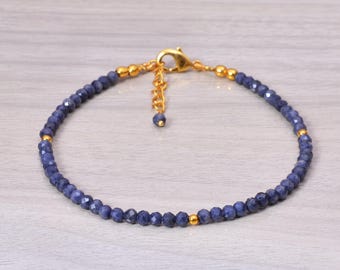 Blue Sapphire Bracelet, Dainty 2mm Ombre Shaded Blue Sapphire Gemstones, Sterling Silver / Gold Fill Stacking Bracelet, September Birthstone