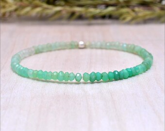 Shaded Chrysoprase Stretch Bracelet, Ultra Delicate Beaded Gemstone Jewelry