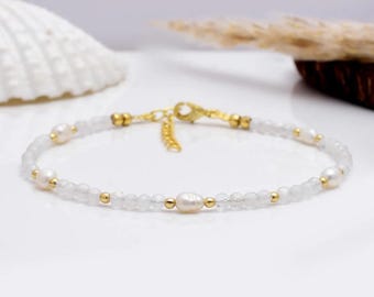 Dainty Freshwater Pearl & Moonstone Bracelet - June Birthstone