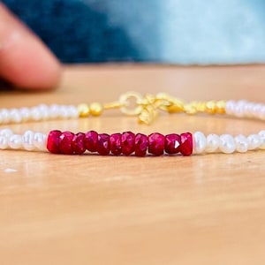 Handmade Ruby & Freshwater Pearl Bracelet, 925 Sterling Silver