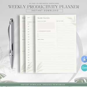 Op de afbeelding: Een wekelijkse productiviteitsplanner met de tekst "Weekly Productivity Planner" en "Instant Download". De planner heeft een crèmekleurige achtergrond met een schema en een takenlijst. Een zilveren pen ligt aan de linkerkant.