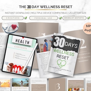 Può includere: Guida digitale al benessere intitolata "The 30 Day Wellness Reset". La copertina presenta un cuore verde e la scritta "30 Days Wellness Reset". La guida include capitoli sulla salute e il benessere, con un'estetica minimalista.