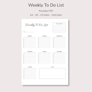 Weekly to do list, PDF weekly to do list, weekly tasks list, printable to do list, PDF weekly organization