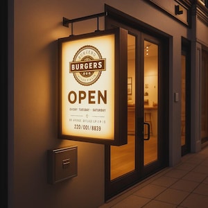 Może przedstawiać: Podświetlany szyld restauracji z burgerami. Na szyldzie widnieje napis "BURCERD BURGERS" nad słowem "OPEN". Szyld jest zamontowany na ścianie obok szklanych drzwi. Restauracja jest otwarta od wtorku do soboty.
