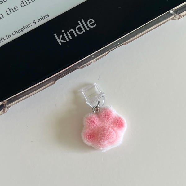 Pink Fuzzy Cat Paw Kindle Dust Plug Charm, Kawaii E-Reader Accessory (Type-C)