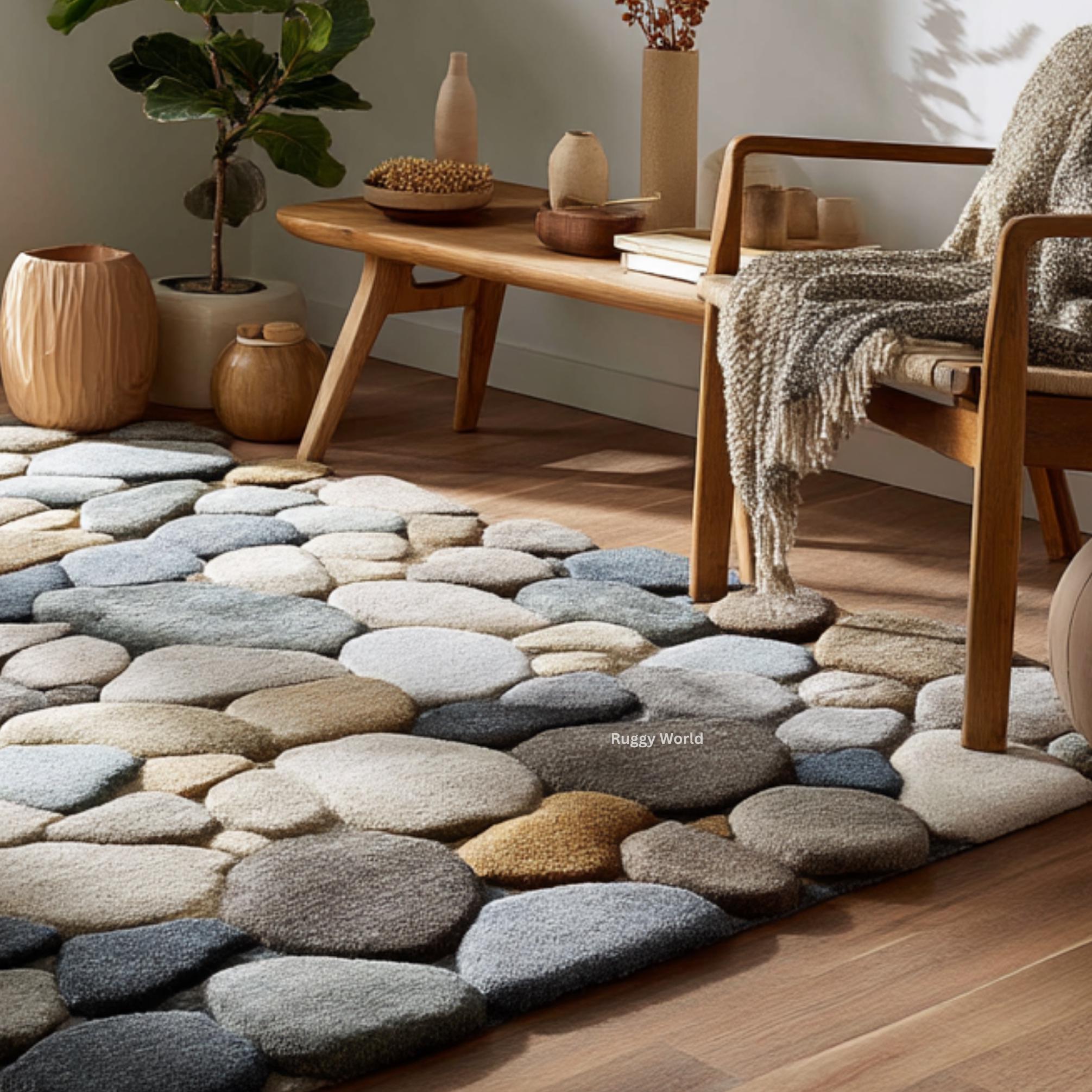 Pebble Stone Rug, 3D Tufted Wool Carpet, River Rock Texture Area Rug ...