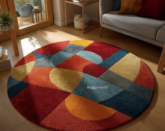 Geometric Multicolor Wool Rug | Hand-Tufted Round Rug