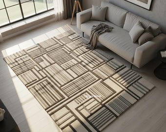 Peut inclure: Un tapis rectangulaire avec un motif géométrique dans des tons beige et gris. Le design présente une série de rectangles et de lignes, créant un aspect moderne et texturé. Le tapis est placé dans un salon.