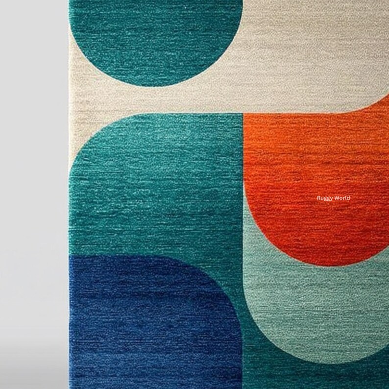 Overlap Blocks Wool Rug Modern Geometric Rug – Handmade Color Block Wool Carpet in Blue, Teal ...