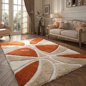 Modern Orange & Beige Geometric Hand Tufted Wool Rug | Bold Living Room Accent Rug | Soft Wool Carpet for Bedroom, Lounge, Office