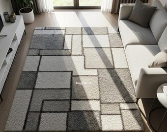 Minimalist Geometric Hand Tufted Wool Rug in Neutral Grey Tones, Modern Abstract Living Room Area Rug, Contemporary Designer Carpet