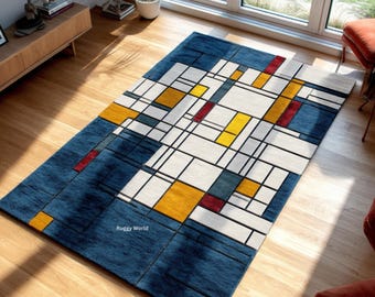Alfombra abstracta moderna de 8x10: alfombra geométrica de lana hecha a mano para interiores contemporáneos