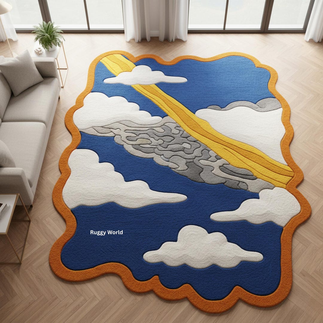 Cloud Pattern Rug Abstract Cloud Rug | Sky Design Rug | Blue Yellow Modern Carpet | Wavy ...