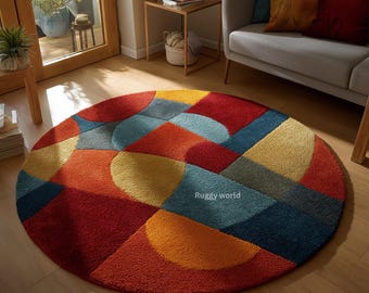 Geometric Multicolor Round Wool Rug | Hand-Tufted Rug, Modern Design