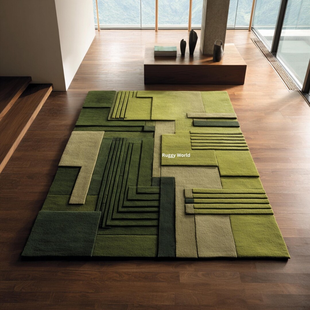 Green Geometric Area Rug, Modern Abstract Carpet, Luxury Tufted Rug ...