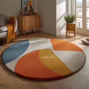 Geometric Orange Blue Round Hand Tufted Rug | Wool Rug For Living Room, Bedroom, Home Decor | Custom Sizes Available