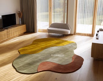 Alfombra abstracta, alfombra de forma orgánica, alfombra moderna con mechones, decoración de sala de estar en tonos tierra