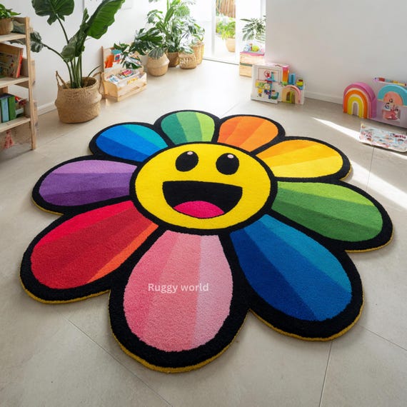 Handmade Rainbow Flower Rug | Tufted Smiley Face Kids Decor - Etsy