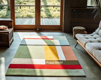 Hand Tufted Wool Rug – Modern Geometric Color Block Design