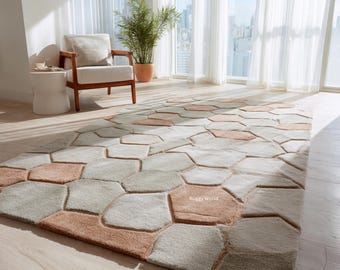 Konstnärlig modern matta, handgjord geometrisk ullmatta med texturerad design