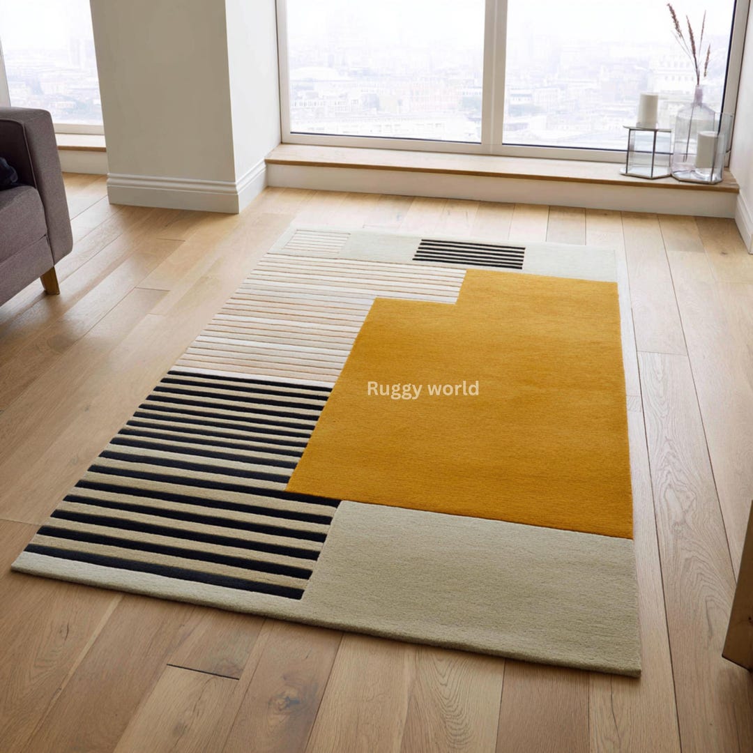 Geometric Area Rug, Modern Tufted Carpet, Mustard Yellow Minimal Rug ...