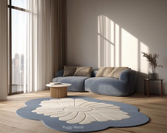 Hand Tufted Wool Rug | Blue Floral Flower Design, Modern Living Room