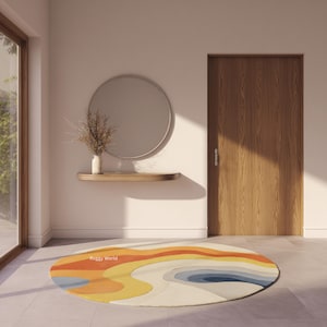 Modern Round Abstract Hand Tufted Wool Rug | Yellow, Orange, Blue, and Cream Layered Wave Design Rug for Living Room and Home Decor