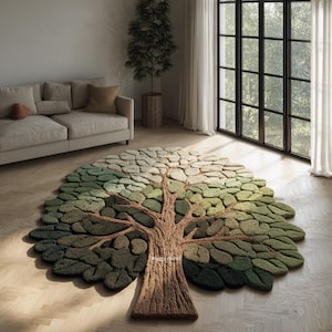 Pode incluir: Um tapete grande em forma de árvore com um tronco castanho e uma copa de folhas verdes e bege. O tapete é colocado sobre um chão de madeira numa sala de estar, com um sofá e uma janela visíveis no fundo. O design do tapete adiciona um elemento natural à sala.