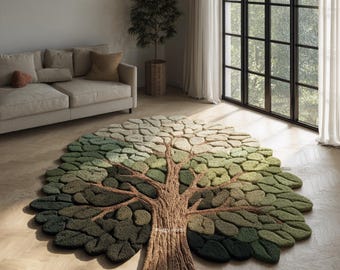 Tree Shape Rug, Nature Inspired Tufted Wool Carpet, Green Gradient Area Rug, Organic Living Room Statement Rug