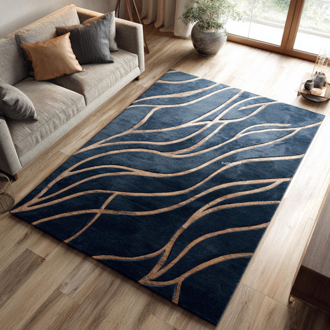 Navy Blue Abstract Rug | Hand Tufted Wool Carpet With Gold Lines - Etsy