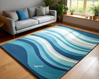Modern Wave Pattern Wool Rug | Hand-Tufted Blue & Aqua Carpet | Ocean Inspired Living Room Decor