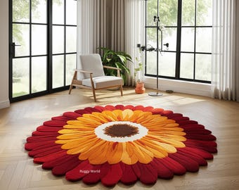 Vibrant Botanical Wool Rug | Sunflower Bloom Shaped Handmade Round Design