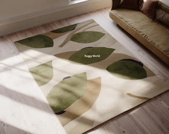 Alfombra botánica moderna / Alfombra neutra con estampado de hojas / Alfombra verde beige inspirada en la naturaleza / Alfombra minimalista para sala de estar