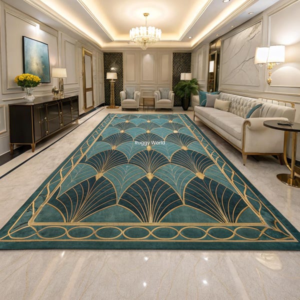 Art Deco Area Rug, Luxury Teal Gold Carpet, Geometric Tufted Rug, Modern Elegant Living Room Rug