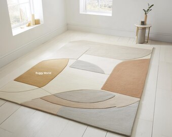 Handtuftad krämfärgad och beige matta | 2,4 x 3 meter elfenbensvit matta för vardagsrum