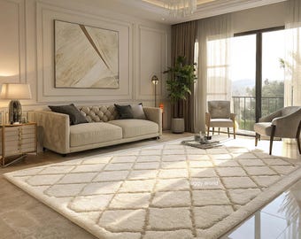 May include: A cream-colored, geometric patterned area rug in a living room setting. The rug features a diamond pattern and is placed under a beige sofa with decorative pillows. The room has a neutral color palette with a large window and a chandelier.