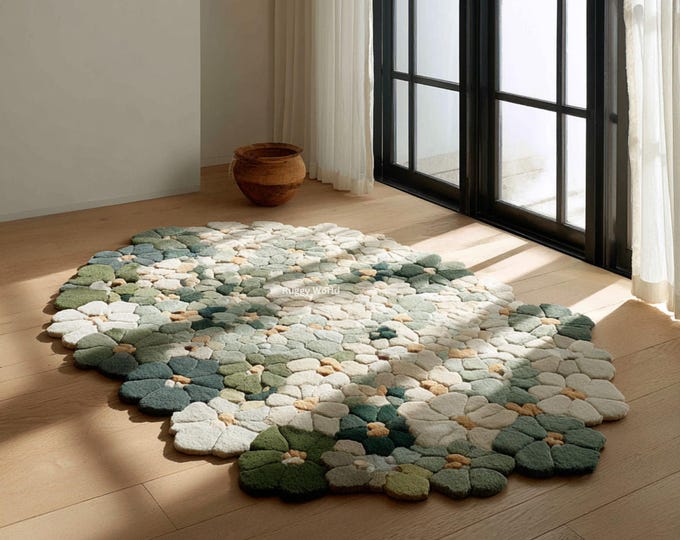 Floral Area Rug, Daisy Flower Carpet, Handmade Tufted Wool Rug, Botanical Living Room Decor