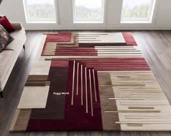 Tappeto geometrico moderno / Tappeto contemporaneo annodato a mano / Tappeto astratto beige bordeaux / Tappeto da soggiorno di lusso