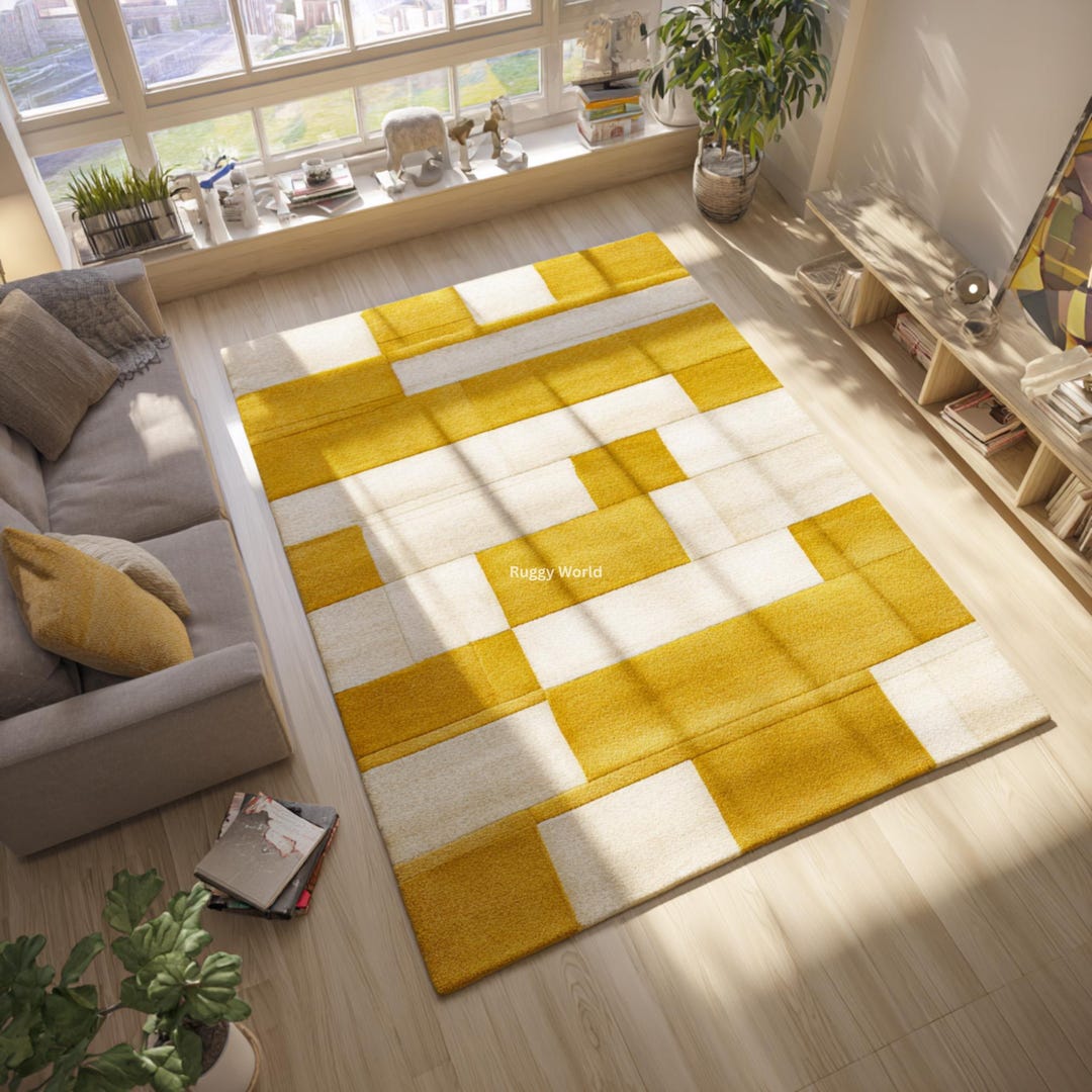 Hand Tufted Wool Rug | Yellow White G...