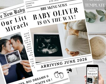Zwangerschapsaankondiging krant bewerkbare babyaankondiging krant canvas sjabloon afdrukbare krant babyaankondiging baby onderweg