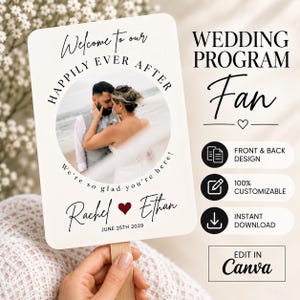 May include: A rectangular wedding program fan with rounded corners featuring a circular photo of a couple on a beach. The text reads Welcome to our Happily Ever After, We're so glad you're here, Rachel, Ethan, and the date June 25th 2029.