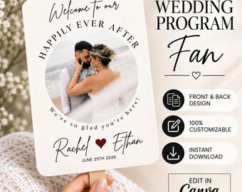 Wedding Program Fan Modern Photo Wedding Program Fan Canva Template Wedding Program Timeline Fan 5”x7” Editable on Canva Digital Download