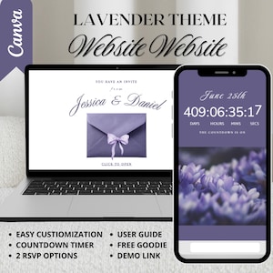 Lavender Wedding Website Template, Lilac Wedding Editable Canva RSVP Invitation with Countdown Timer, Old Money Save The Date digital invite