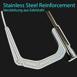 Pode incluir: Uma ferramenta em forma de U branca e prateada com uma haste met&aacute;lica e uma estrutura texturizada. O texto Stainless Steel Reinforcement e Verst&auml;rkung aus Edelstahl &eacute; vis&iacute;vel no topo. O dispositivo possui um bra&ccedil;o articulado e acabamento.