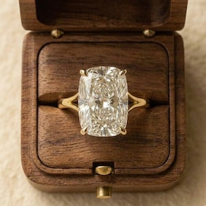 Cushion Cut Moissanite Engagement Ring, 10K Yellow Gold Split Shank Cathedral Solitaire Ring, Vintage Promise Ring, Gift for Her