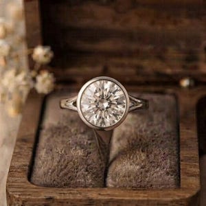 14k Round Moissanite Solitaire Engagement Ring, Bezel Moissanite Engagement Ring, Split Shank Ring, Round Cut Solitaire