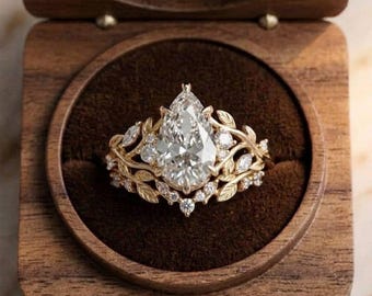 Birnenförmiger Moissanit-Brautring, Vintage-Verlobungsring in Blattform mit passendem, geschwungenem Ehering, von der Natur inspiriertes Goldring-Set