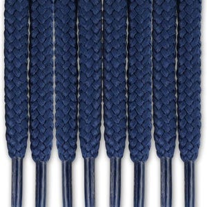 May include: A set of eight navy blue shoelaces arranged in parallel vertical lines. Each lace features a thick, braided textile construction and is finished with a smooth, matching navy blue plastic aglet at the bottom end for easy threading.