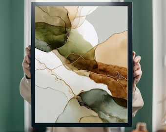 Green and Brown Abstract Art Print – Japandi Boho Decor (Instant Download)